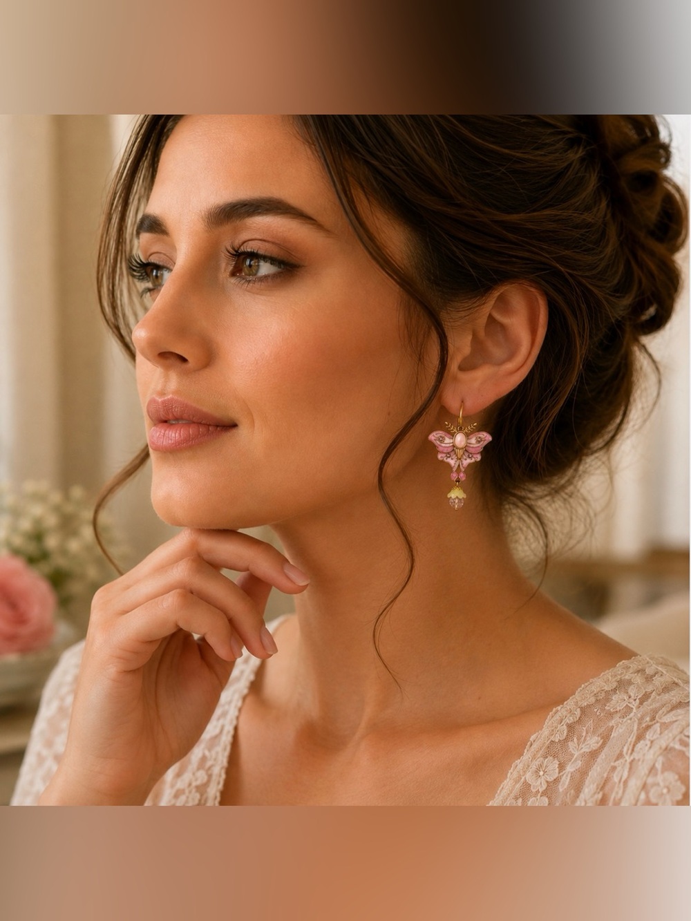 Art Deco Moth Butterfly Drop Earrings Enameled Pink